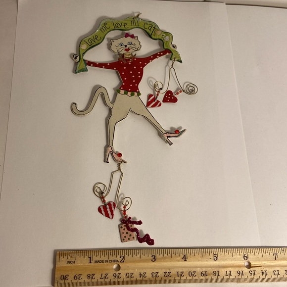 Vintage cat irnament Love Me Love My Cat White Kitty Girl hearts whimsical art - Picture 9 of 9